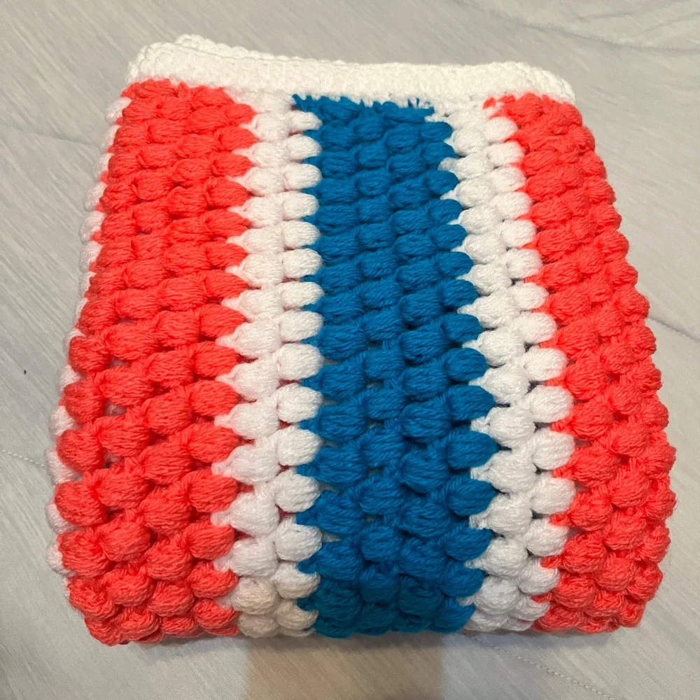 Handmade Crochet Baby Blanket Vibrant Pink Teal White Striped‎ Knit Afghan